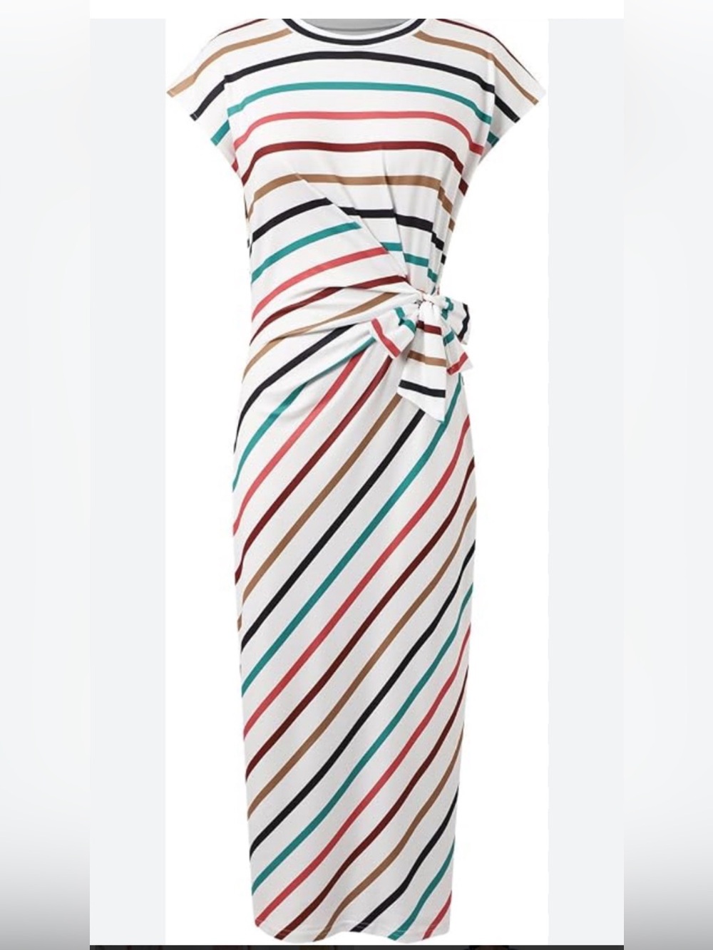 Striped Tie-Waist Midi Dress in White with Multi-Colored Stripes size Large